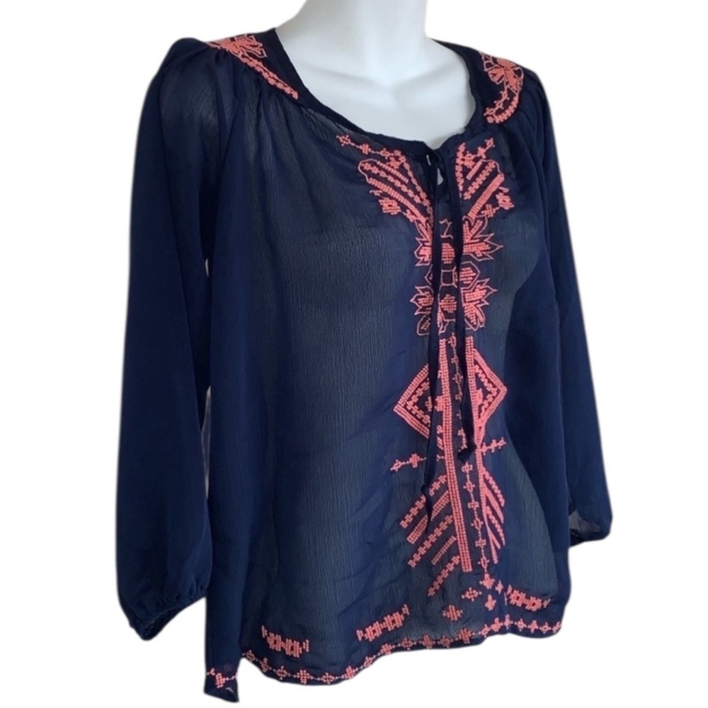 Rue 21 top, women's S sheer navy, coral embroidery, 3/4 sleeve, loose fit, euc